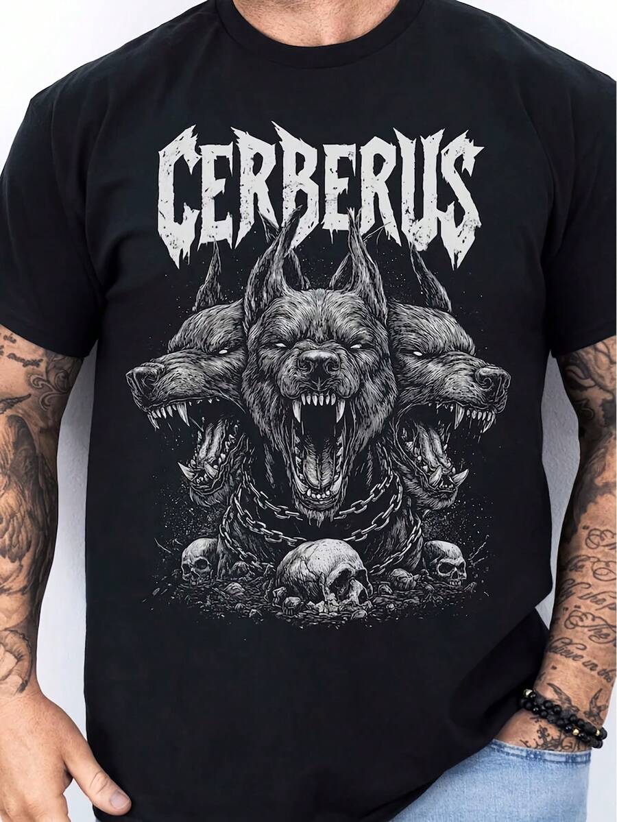 Футболка Cerberus | Черная Обычный крой С трехголовым псом Цепь Череп Графический принт | Металл Рок S разноцветный