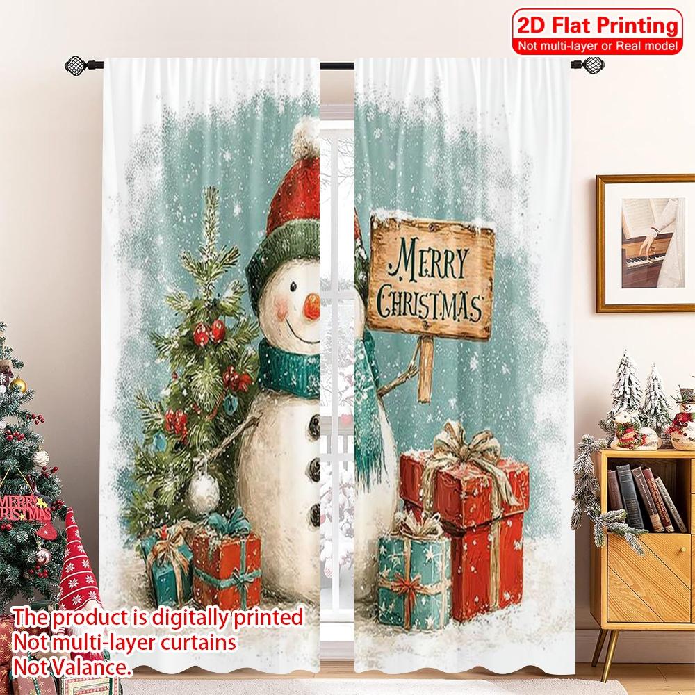 

Set Of 2 Flat Printing Merry Christmas Popular Curtains Snowman Fabric Without Electricity Family Party Home Decor Curtain Polyester W100*H70(CM)-Hooks&2PCS