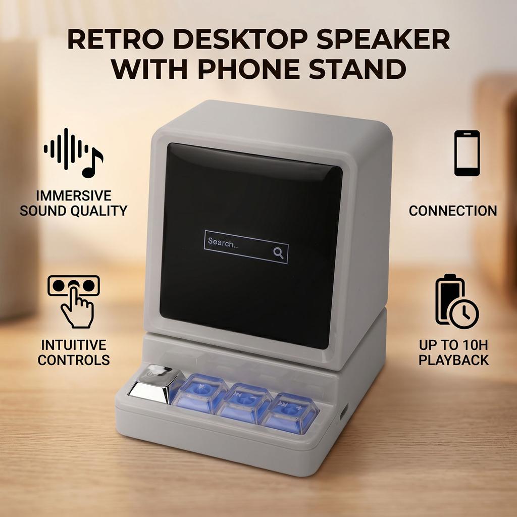 Portable Bluetooth Speaker with Phone Stand Computer Shaped Wireless Retro Desktop Speaker for Home Outdoor