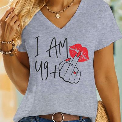 Womens 49 Plus Middle Finger T-Shirt 50th Birthday Gift for Women V-neck Short Sleeve T-shirts Classic Graphic 49+1 Tops & Tees