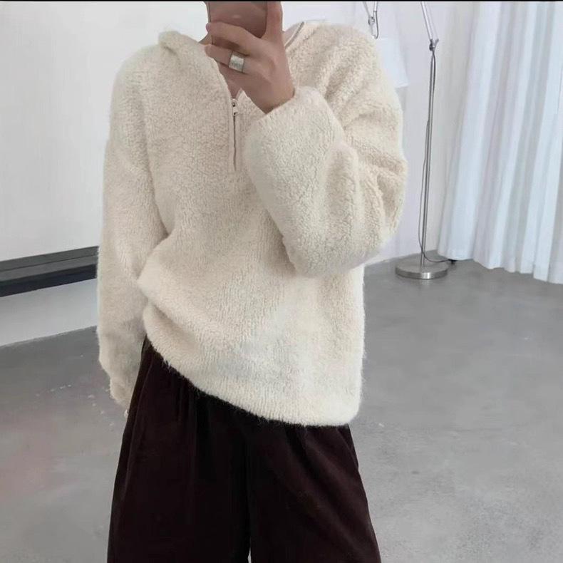 Korean Red Lambswool Brushed Half-Zip Hooded Knit Pullover Sweater for Women - Autumn/Winter Fashion.