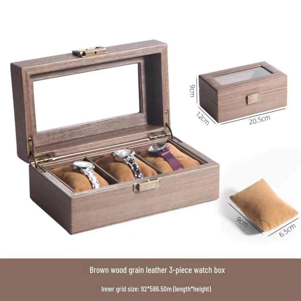 Dustproof Wood Grain Leather Jewelry Watch Box with Glass Display Top