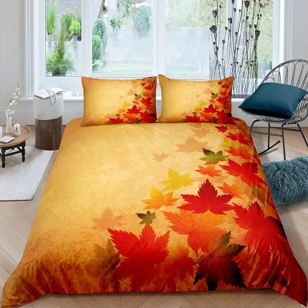Fall Duvet Cover Seasonal Maple Tree Leaves Botanical Foliage Vibrant Floral Forest Image Decorative 3 Piece Bedding for Women