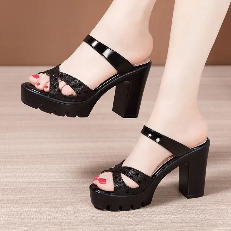 10cm Small Big Size 32-43 Elegant Platform Shoes Star Bling Slippers 2025 Summer Womens Block High Heels Slides for Office Party