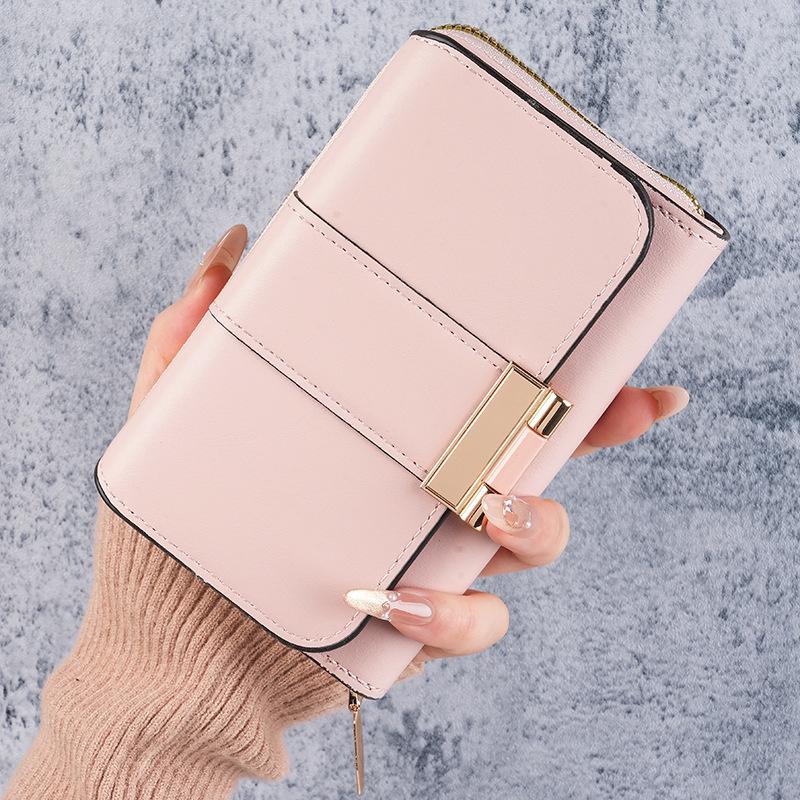 Elegant Women's Leather Wallet: Short, Stylish, Large-Capacity Zipper Buckle Coin Purse In Solid Colors