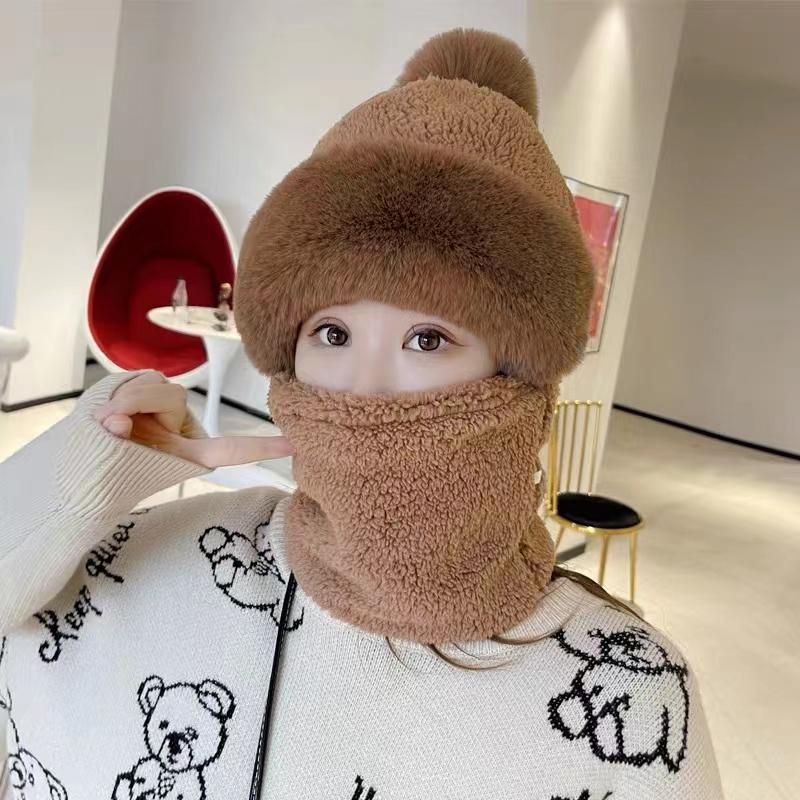Inverno Protezione Integrata per le Orecchie Cappello Antivento Cappello Baotou Sciarpa Maschera Pompon di Pelliccia Più Velluto Cappello Caldo da Ciclismo per Donna