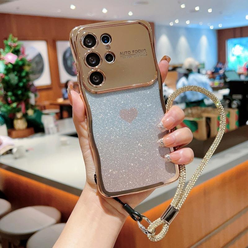 Electroplating wave large window is suitable for Samsung S25 mobile phone case GalaxyS24 love glitter lanyard protective case