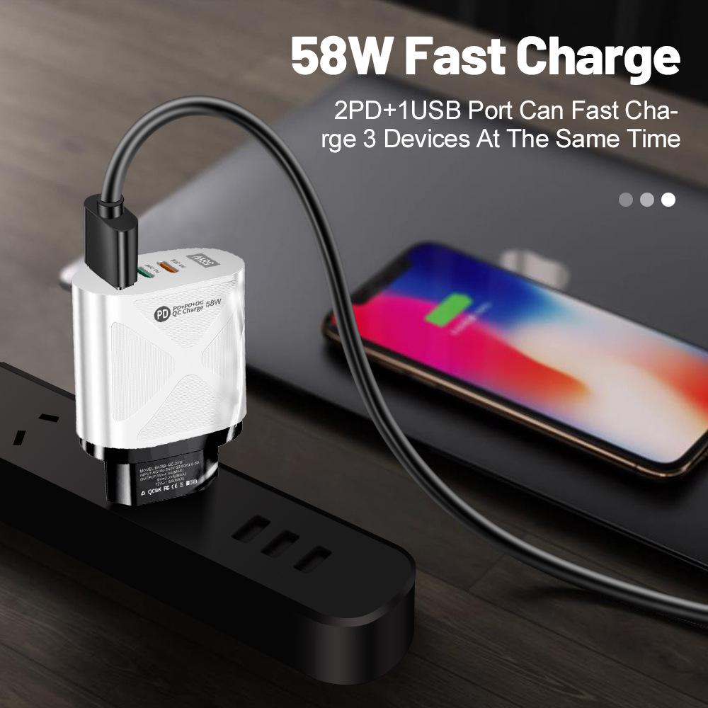 58W Dual Fast Charger with 2PD+QC3.0, EU/US/UK/AU Plugs