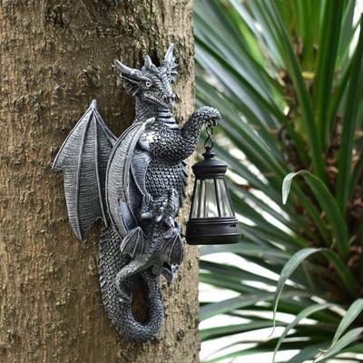 Statue de Dragon Solaire Ornement de Jardin Extérieur avec Lumière LED Résine Résistante aux Intempéries Décor Fantaisie pour Patio Mur Clôture Éclairage