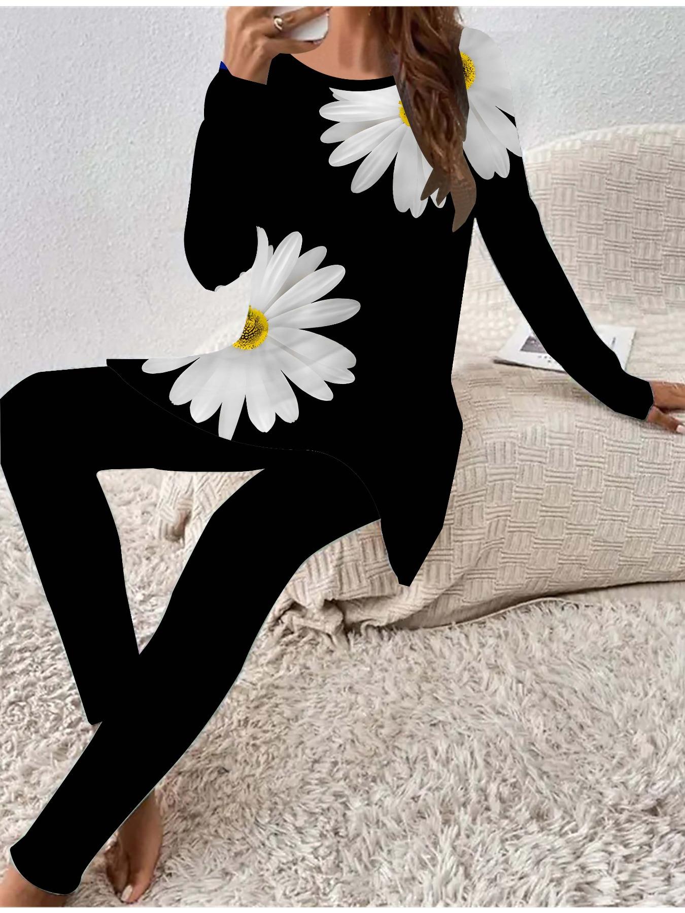 

Евро-американская мода Женский всесезонный комплект из двух предметов: футболка с длинным рукавом с 3D-принтом цветов + длинные брюки. Идеальный подарок на Новый год и Рождество 8XL чёрный