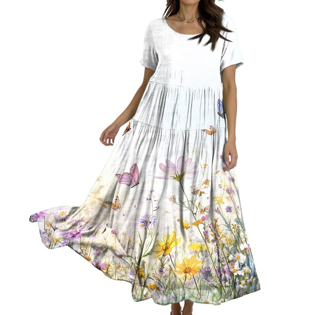 Women Casual Loose Bohemian Floral Dress Short Sleeve Long Maxi Summer Beach Swing Dress