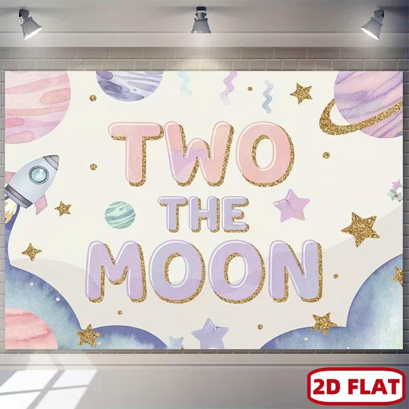 

2D Pastel Outer Space Two the Moon Banner for Baby Birthday 47.2x31.5inch/120*80cm