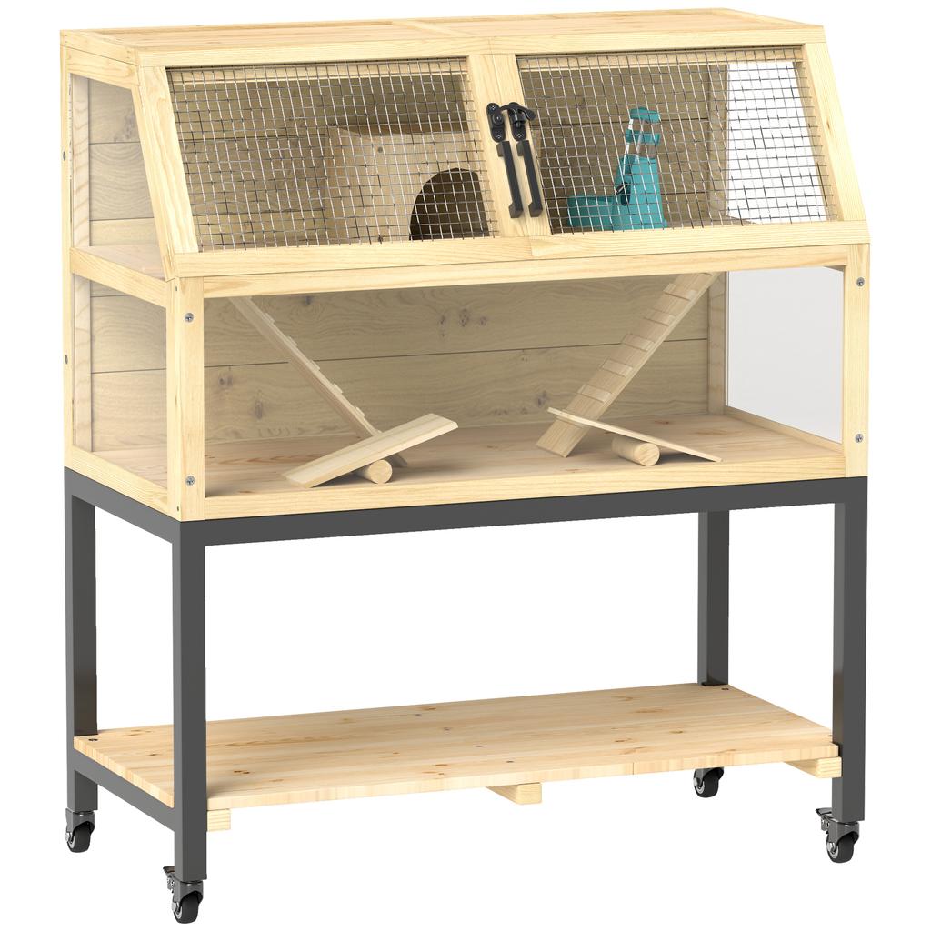 Wooden Hamster Cage with Storage Shelf, Wheels, Ramps, Water Bottle, Hut, Seesaws