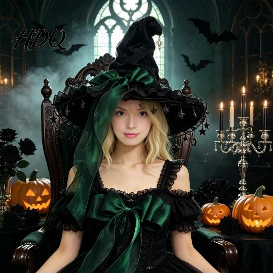 Stylish Lace Bow Headwear Halloween Witch Hat, Gothic Dark Wizard Costume Headpiece for Women, Spooky Velvet Cone Photogenic Daily Lolita Wear