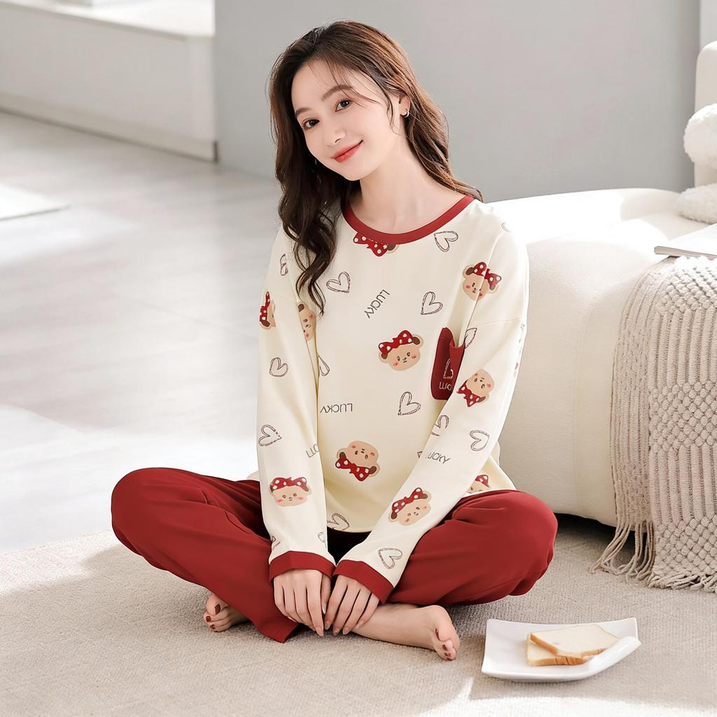 Women's Cotton Cartoon Pajama Set - Long Sleeve, Round Neck, Plus Size, Korean Style for Spring, Autumn, and Winter.