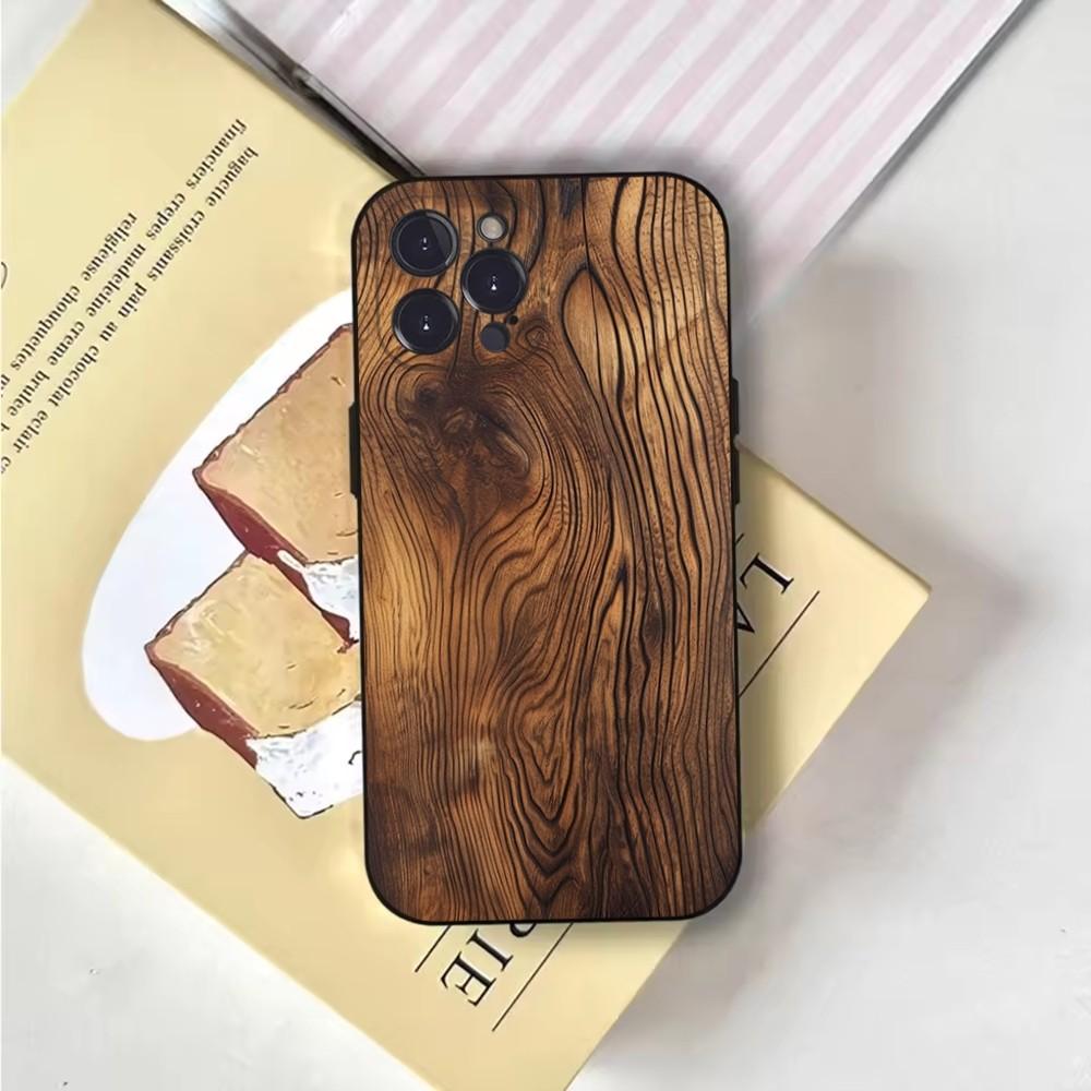 Natural Wood Phone Case For iPhone 16,15,14,13,12,11,Pro,X,XS,Max,XR,Plus,Mini Soft Black Cover
