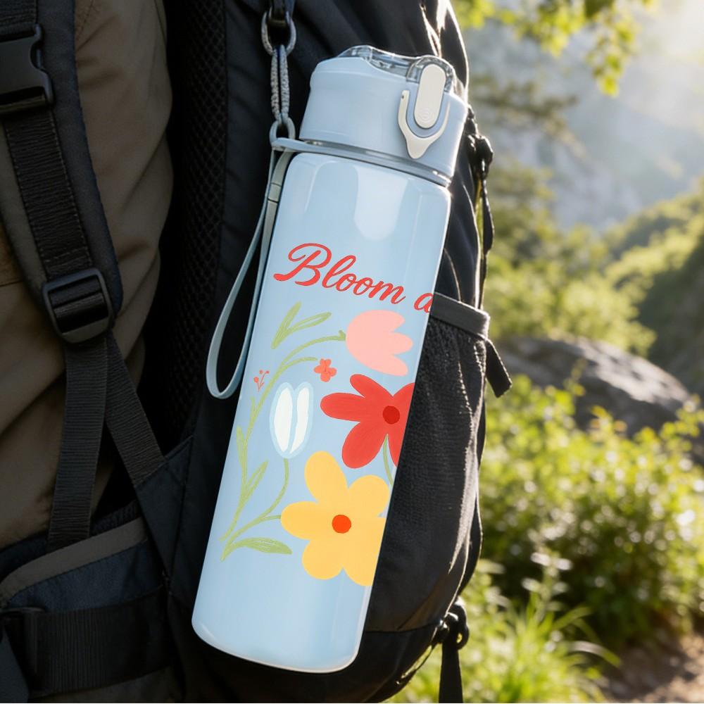 1PC Bloom And Grow Floral Letter Art 750ml Color Plastic Sports Water Bottle Leakproof Flip Straw Lid For Sports Office Home Use