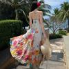 Coffee Break French Pure Desire Color Broken Flowers Suspender Straps High Waist Holiday Dress Bohemian Seaside Long Dress