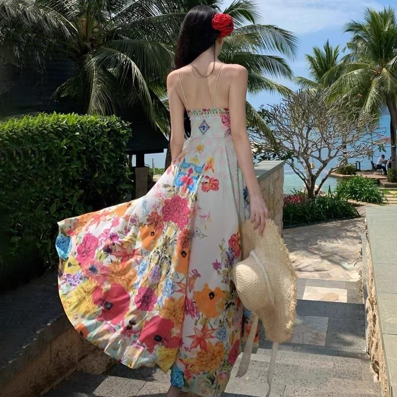 Coffee Break French Pure Desire Color Broken Flowers Suspender Straps High Waist Holiday Dress Bohemian Seaside Long Dress