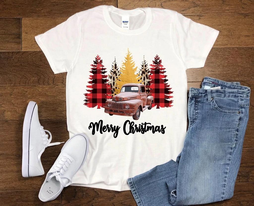 Merry Christmas Buffalo Plaid Christmas Tree Xmas Truck Gift Men's and Women's T-shirts