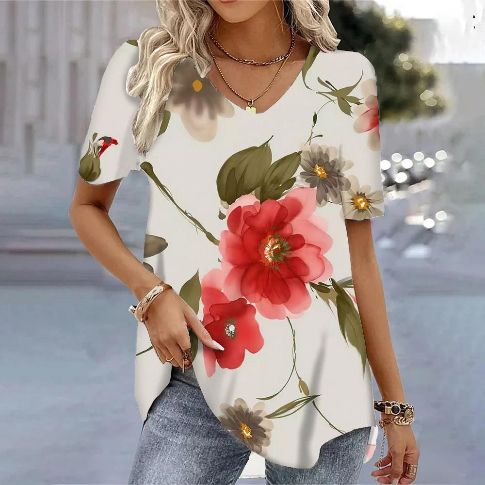 Women's T-shirt 3D Floral Pattern Printing Casual Short-sleeved V-neck Loose Top