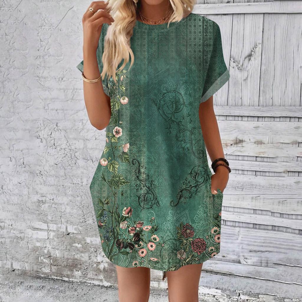 Rochie tricou lungă medie, la modă pentru femei, cu mâneci scurte, cu imprimeu de vară