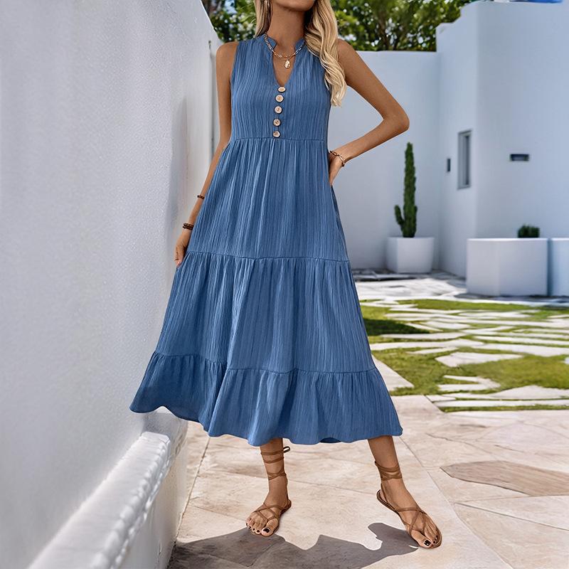 Women's Summer MIDI Dress Pleated Solid Color Standing Collar Sleeveless Dress