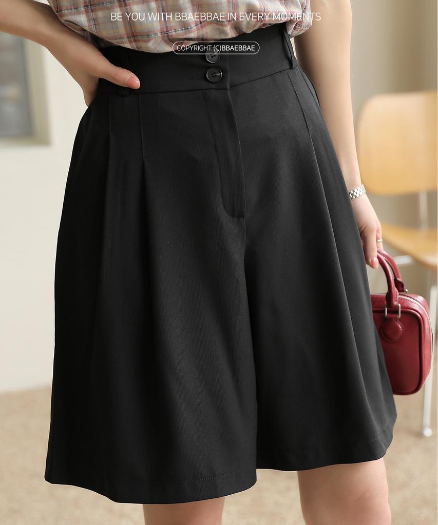Ppaeppae Back Elastic Two-Pintuck Wide Fit Knee-Length Bermuda Pants