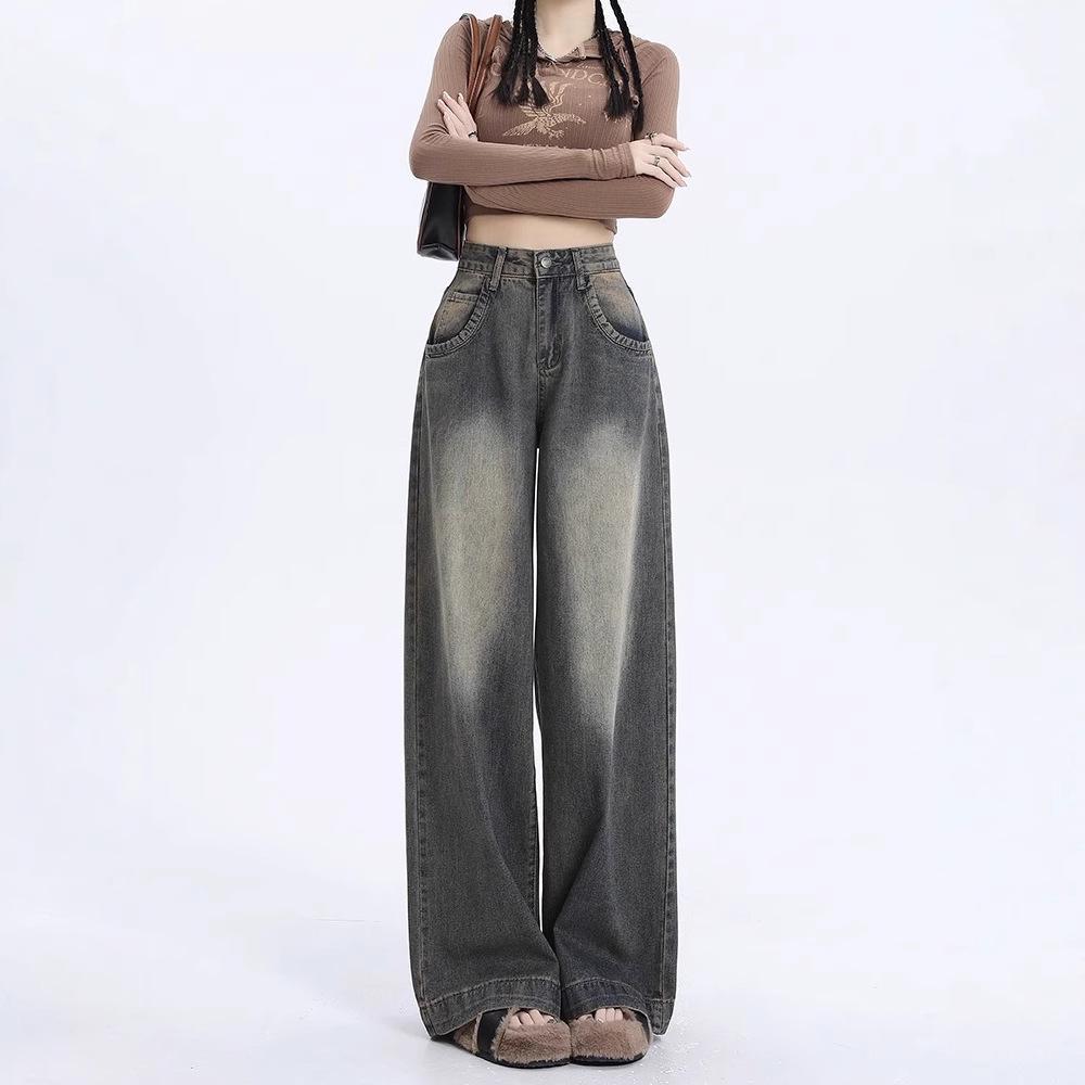 High Waist Retro Wide Leg Jeans for Women - Early Autumn, Loose Fit, Floor-Length.