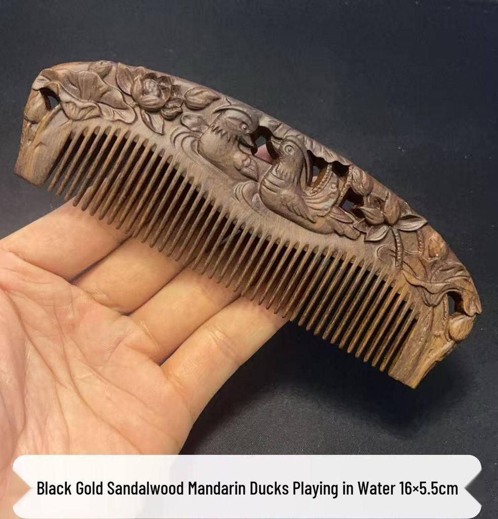Engraved Green Sandalwood Comb - Black Gold Carved Design, Gift Box Included