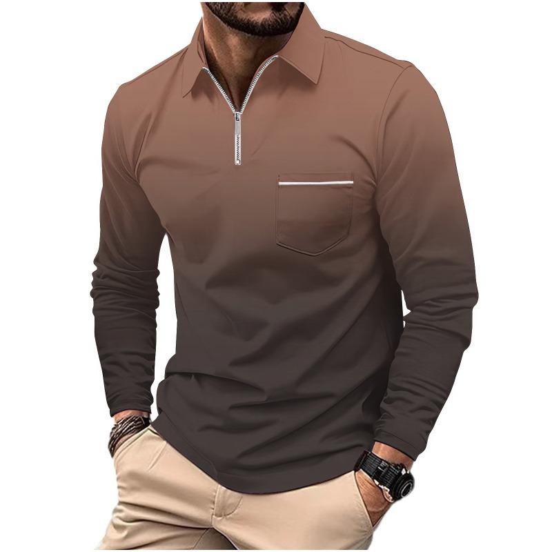 Men's Printed Polo Shirt with Zipper Pocket Sports Long Sleeved Polo Shirt