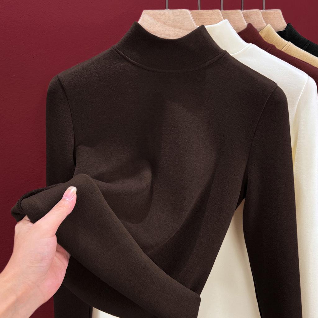 Semi-turtleneck silk thermal underwear women's top, piled and thickened inside, including wool bottoming shirt, heating autumn clothes winter
