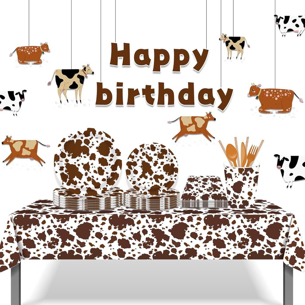 Adirasenotek 3Pcs Cow Print Tablecloth Brown Cattle Tablecover for Farm Theme Cowboy Baby Shower Decorations Western Birthday Dinner Picnic Kitchen