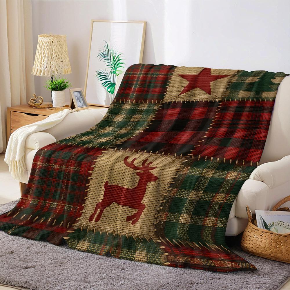 Rustic Xmas Plaid Flannel Blanket Warm Soft Halloween Christmas Couch Warm Cozy Decorative Decor Gift for All Season 75X95CM