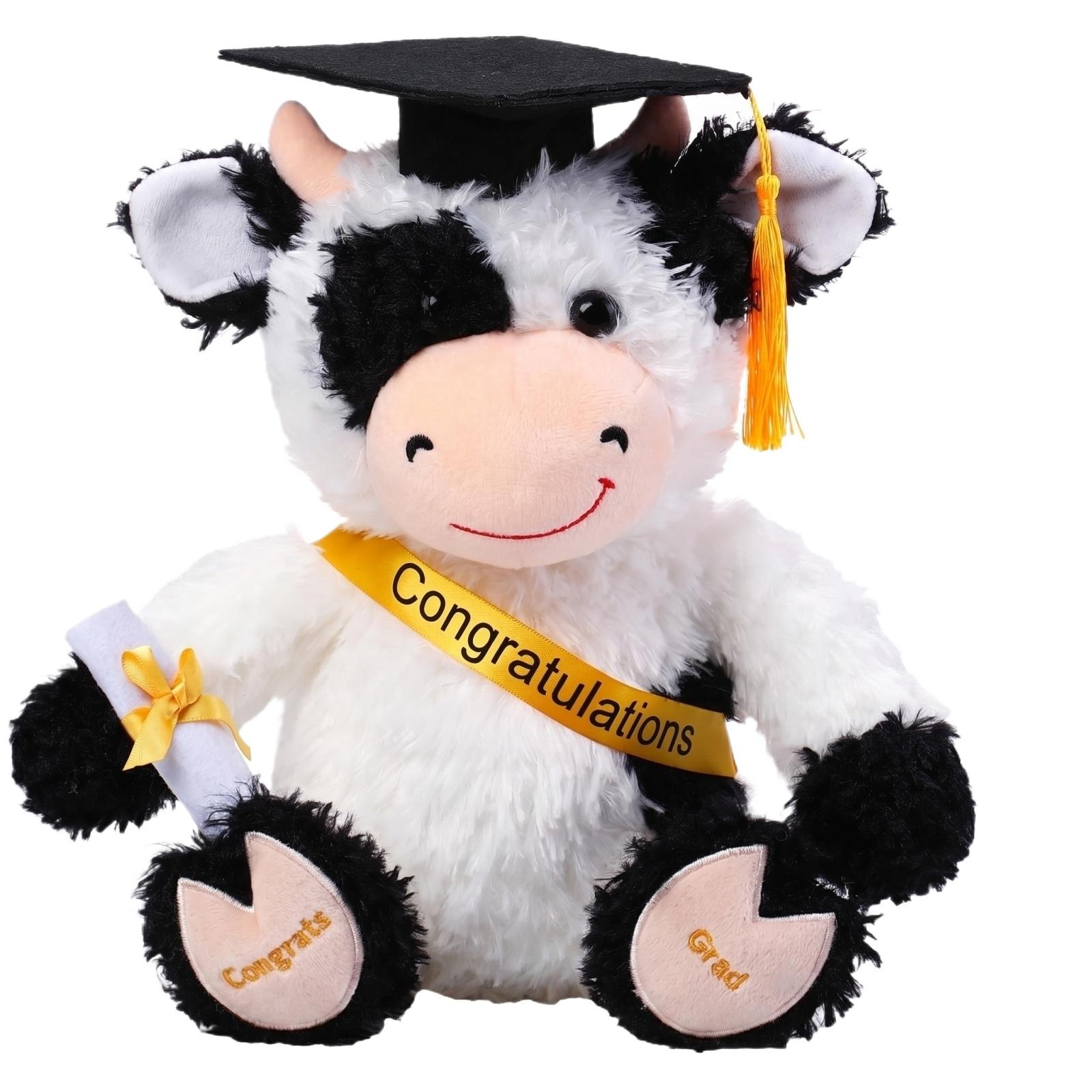 

Plush Graduation Cow Toy Soft Stuffed Animal with Graduation Cap and Sash Holding Diploma for Graduation Celebration Gift One Size жовтий