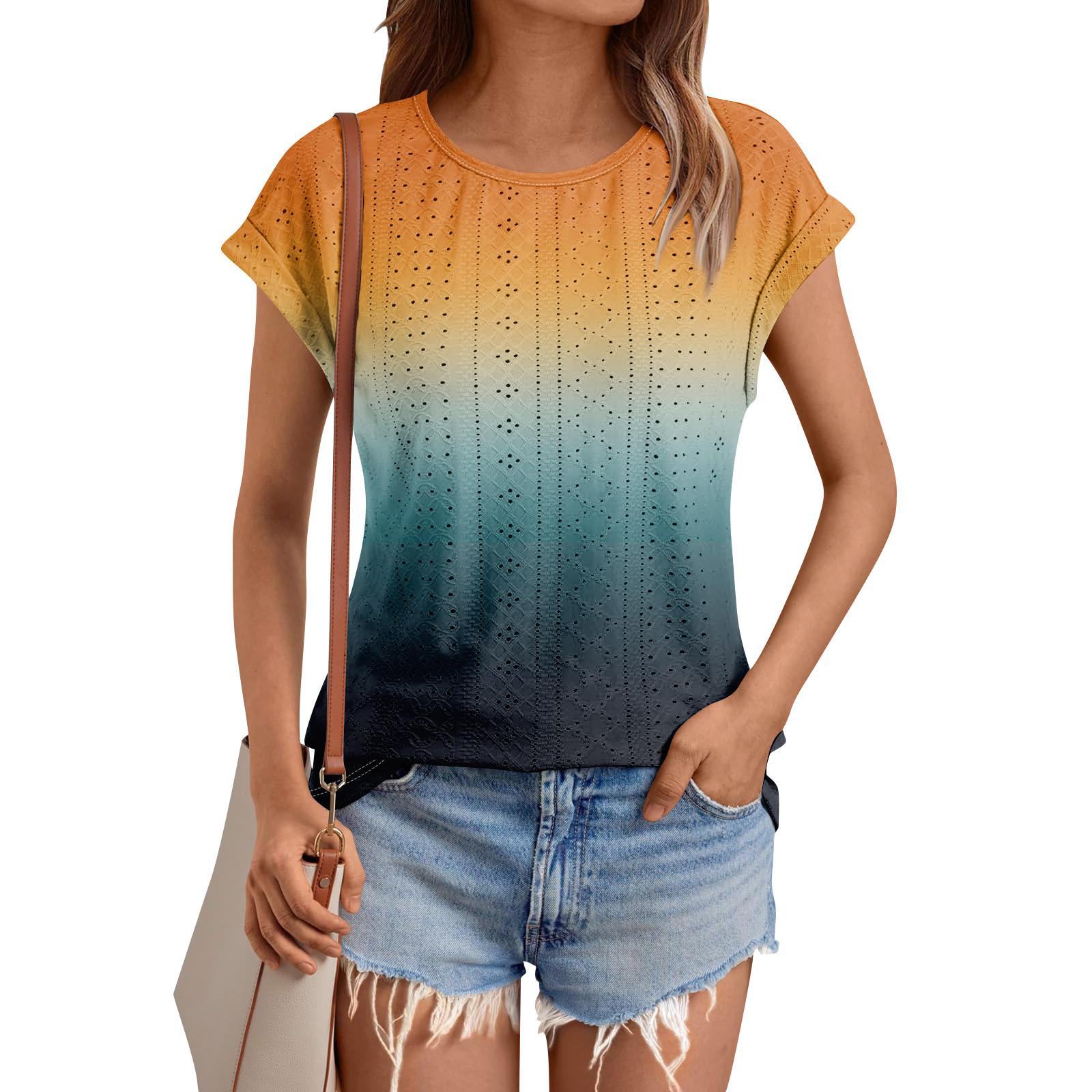 

Женские топы, футболки с коротким рукавом, блузки с принтом, нарядные повседневные ажурные вышивки, летняя модная одежда XXL жёлтый