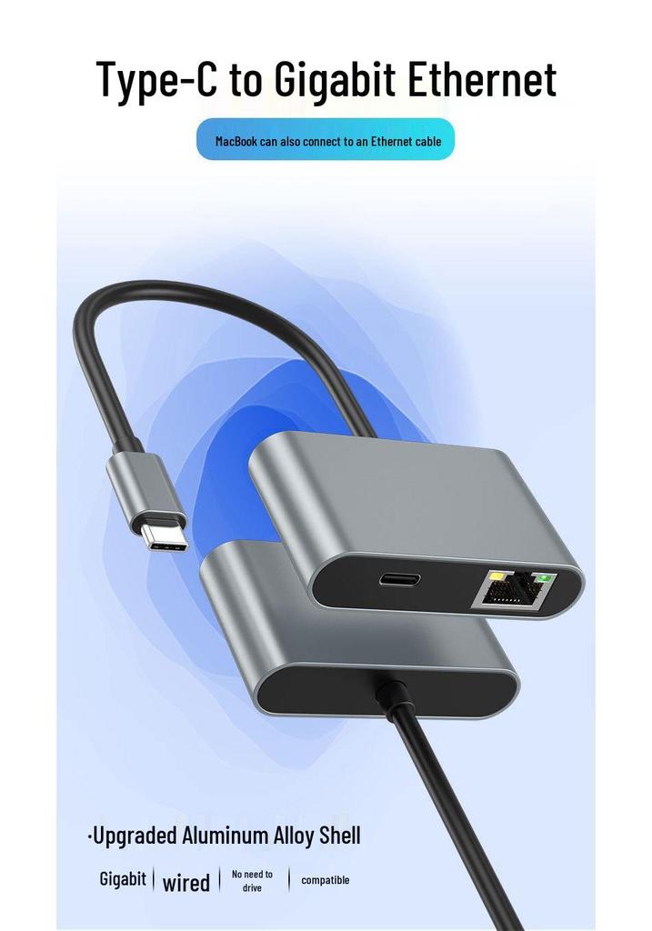 USB-C Ethernet Adapter: 4-in-1 Dock with RJ45, Dual USB Ports, and 60W PD Fast Charge