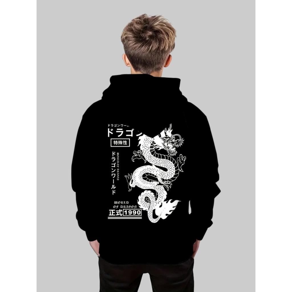 Boy Japanese Anime Dragon print Flower Hoodie -3D White Dragon with Japanese Design, Soft Polyester Hoodie Suitable for Indoor/Outdoor Activities