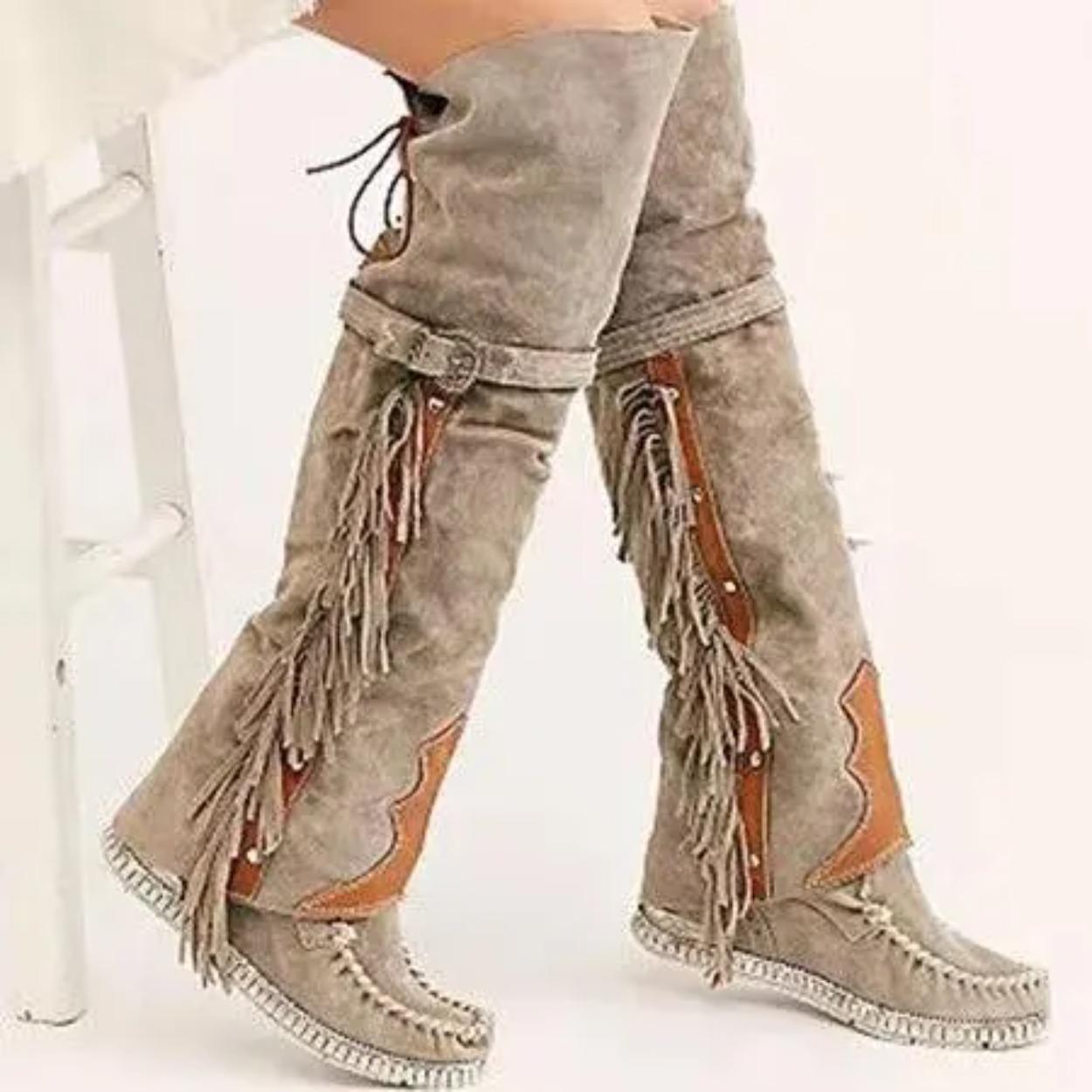 

Fashion Bohemia Knee-length Women Boots Ethnic Personality High Boot Tassels Faux Suede Boots Girl Flat Bottom Long Botas Mujer 35 чорний