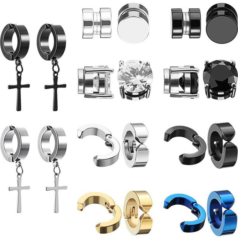 Set de Pendientes Magnéticos de Acero Inoxidable con Forma de Cruz y Circonita para Hombres y Mujeres