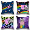 Regenbogen Alien Katze Kissenbezug Quadratisch Doppelseitiger Druck Kurzer Plüsch Sofa Kissenbezug Schlafzimmer Nachttischkissen
