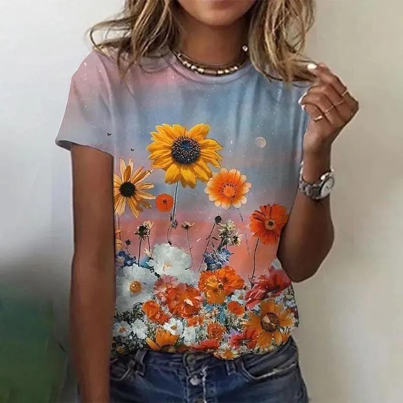 3D Flower Color Printed Crew Neck T-Shirt Flower Short Sleeve Fashion Women's Crew Neck Short Sleeve Tops Daily Wear