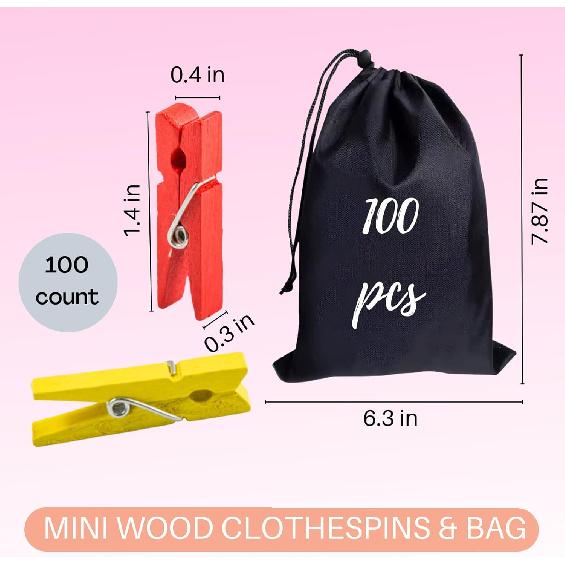 Clothesp, Small Clothes P for Photos, 1.4'' 100 PCS Natural Birchwood Mini Clothes P, Strong Springs Colorful Clothesp with Storage Bag, Mini