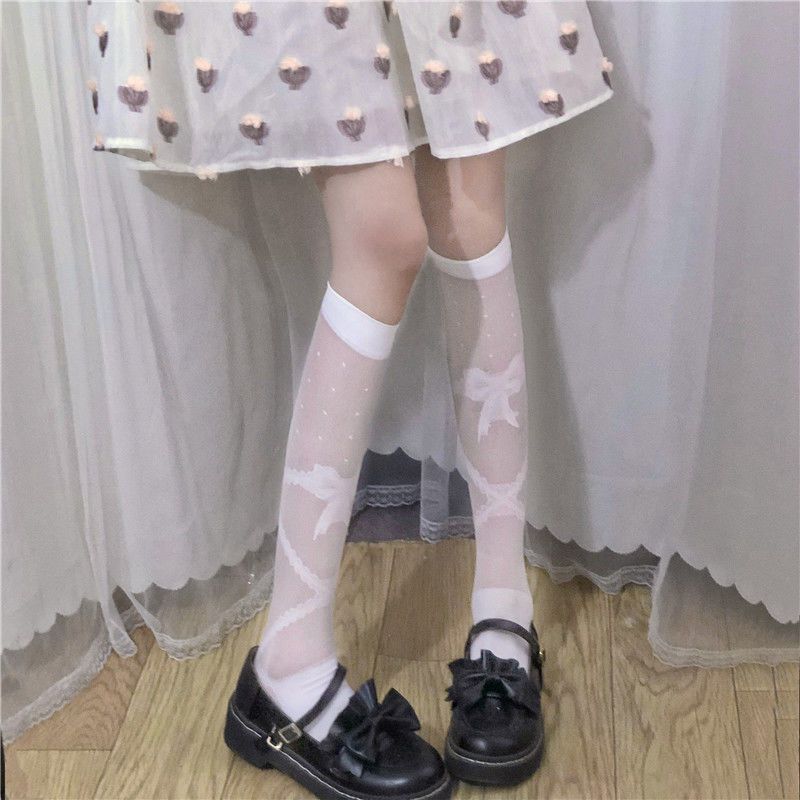 Sweet Bowknot Jacquard Lolita Knee High White Silk Socks for Women | JK Style Spring-Summer Thin Calf Stockings