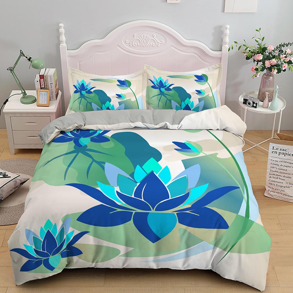 Lotus Duvet Cover Set Pink Flowers And Green Leaves Polyester Comforter Cover King Queen Size For Kids Girls Women Bedding Set