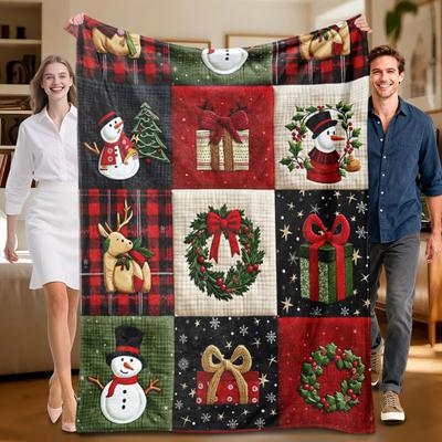 1 Piece Christmas-themed Flannel Blanket, Patchwork Style, Perfect for Sofa, Bed, Office. Ideal Gift for Family, Friends, Holida