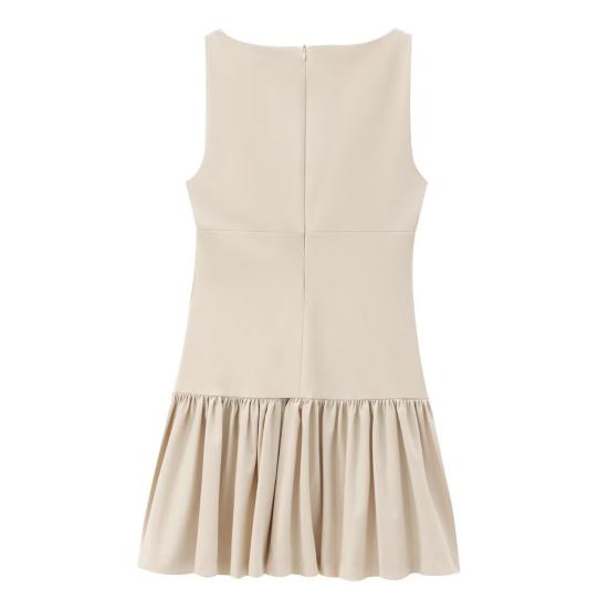 Women Summer Dress Sleeveless Bow Decor Pleated A-line Solid Color Mini Dress Back Zipper Closure