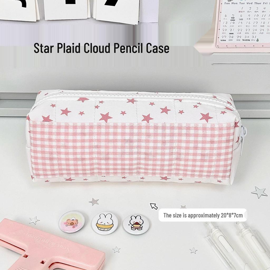 Korean Style Star Plaid Large Capacity Pencil Case for Middle School Girls