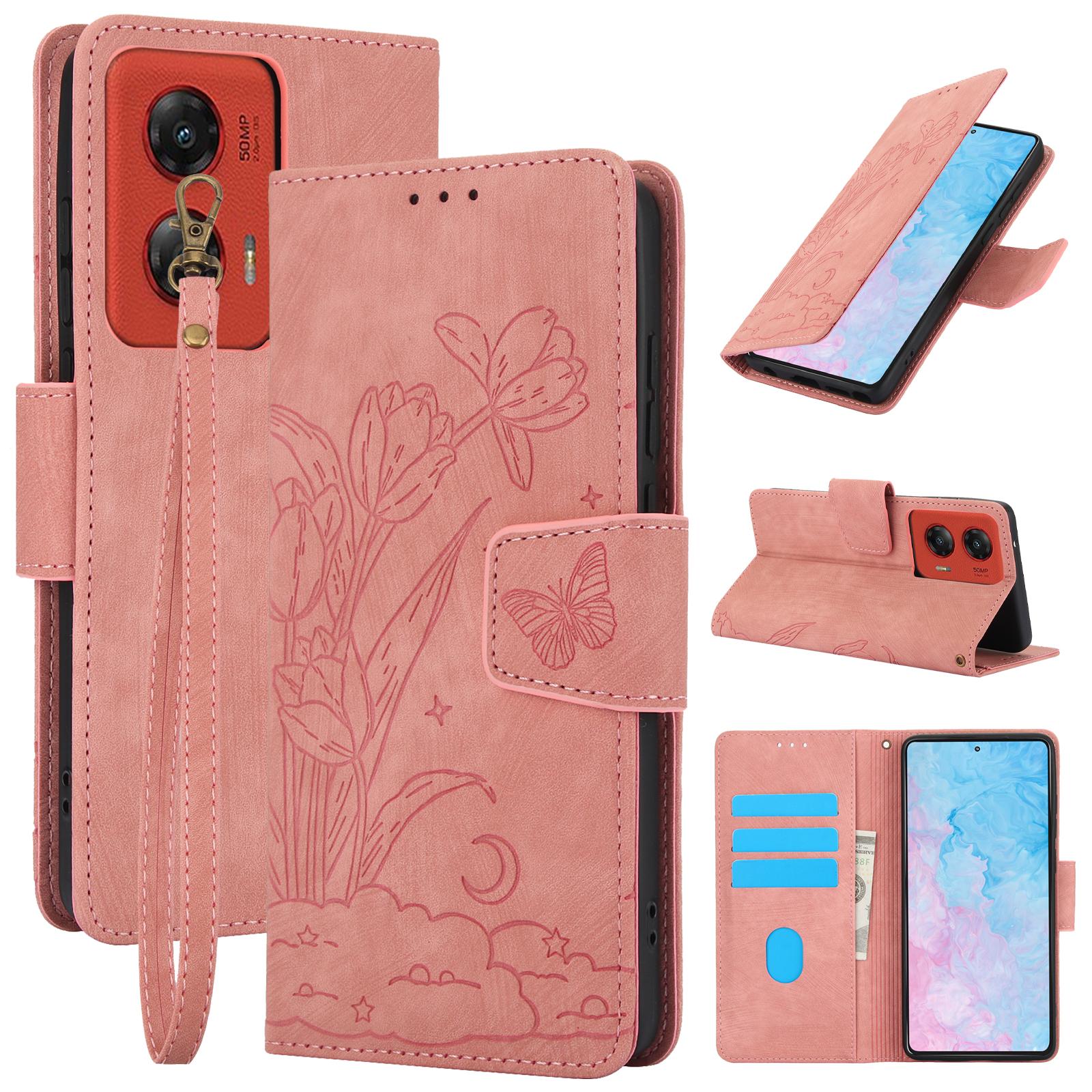 

SY-001 Для Motorola Moto G Stylus 5G (2024) Чехол Кожаный Чехол для Телефона Узор Бабочка Цветок Pink