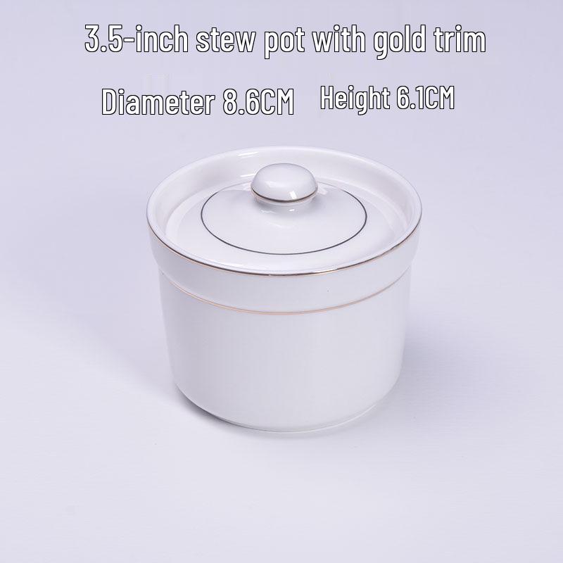 Gold-Trimmed Ceramic Water-Bath Stew Pot with Lid - Includes Egg Steaming and Bird's Nest Bowls, Round Soup Cooker for Home or Hotel Use.